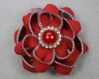 Red Flower Brooch, Zipper Brooch, Red Brooch, Red Pin, Zipper Pin, Zipper Art, Flower Pin, Upcycled, Recycled, Repurposed