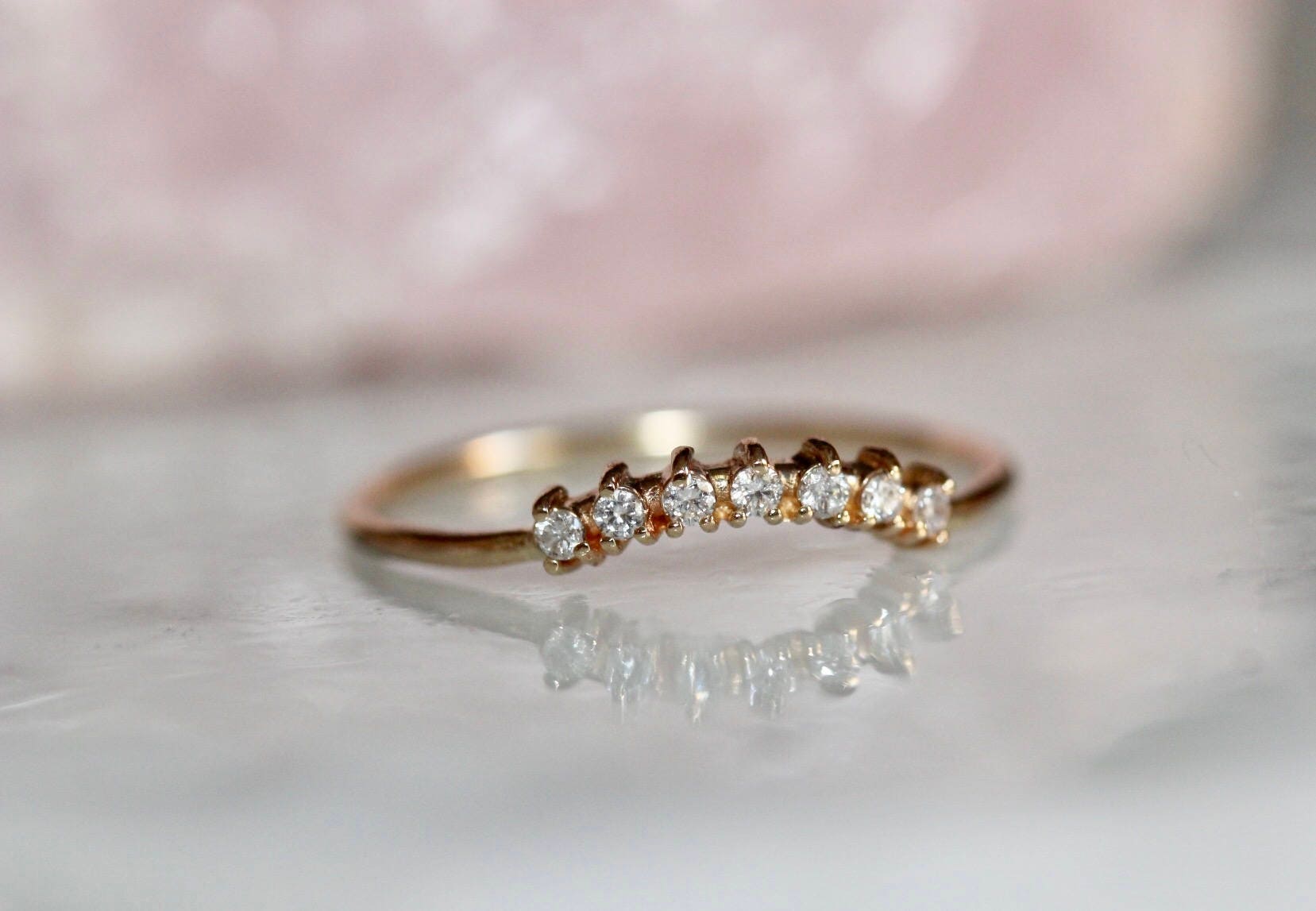 14K Diamond Curved Crown Wedding Band
