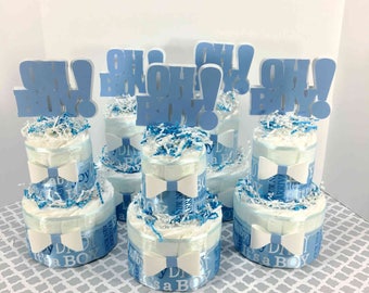 Blue and White Oh Boy Diaper Cake Centerpiece Set, Boy Baby Shower Decorations, Boy Diaper Cake
