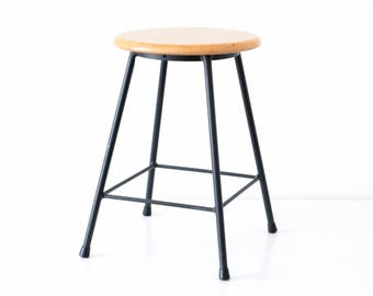 Vintage industrial stool, metal stool, industrial design, studio Mid-Century stool, four legged stool, 60s black metal stool, wooden stool