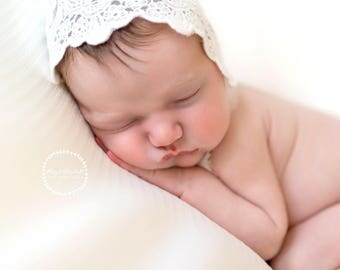 LACE BABY BONNET, vintage lace, ivory, newborn, stretch lace, handmade, newborn baby photo prop, photography prop, baby