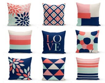 Throw Pillow Covers, Decorative Pillows, Cushion Cover, Geometric, love, floral, Coral Navy Aqua Blush Beige, Home Decor, Living Room Decor