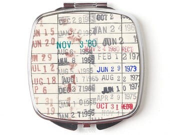 Vintage Library Card Compact Purse Mirror - Gift For Readers, Teachers, Librarians - Checkout Card Library Book Due Date Compact Mirror -