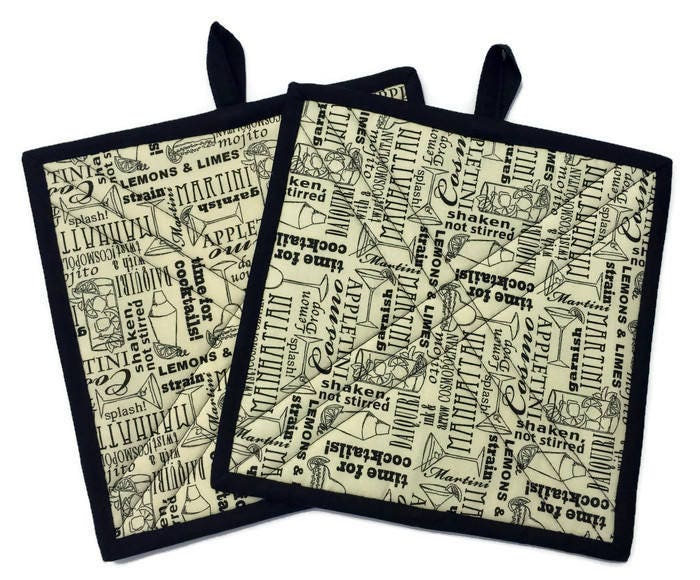 Quilted Fabric Potholder Black and White Bar Decor Set of two