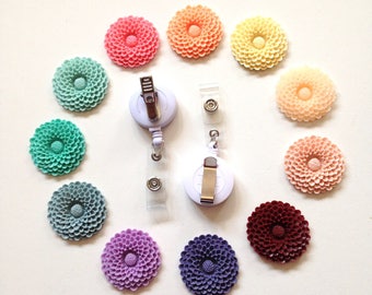 Flower Badge Reel, Dahlia Badge Clip, Retractable Name Badge, ID Holder, Nurse Gift, Doctor, Teacher ID Clip, Belt Clip Badge, Swivel Clip
