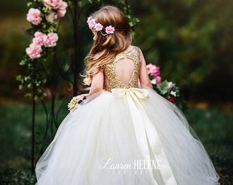 Giselle Ivory Flower Girl Dress, Ivory Gold Sequin Flower Girl Dress, Princess Birthday Dress