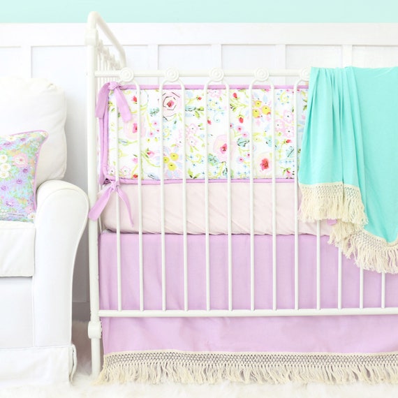 Harper's Lilac and Blush Boho Fringe Crib Bedding