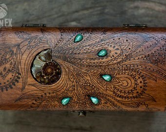 box, wooden box, jewelry box, engraved wooden box, custom box, keepsake box, vintage jewelry box, casket, chest, ammonite, floral ornament