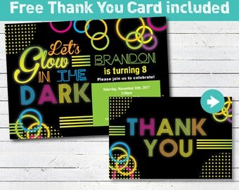Glow in the dark birthday invitation. Boy kids bday theme party invite. Neon pink colorful printable digital invite. Any age. KB219