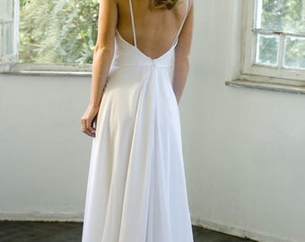 SALE Romantic White Chiffon Beach Wedding Dress, Low Back Wedding Dress White Wedding Dresses, Chapel Train Bridal Gown Custom Size 4-6-8-10