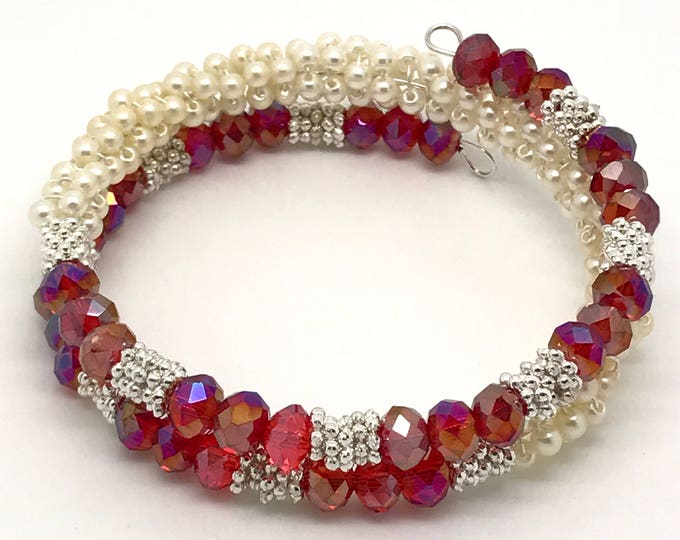 Red and White Memory Bracelet, White Pearl Memory Bracelet, red crystal memory Bracelet, red white jewelry