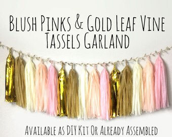 Pink and Gold Tassel Garland with Gold Leaf Vine, Blush Pink, Rose Gold, Backdrop, Photo Prop, Party Decoration, Wall Decor, Birthday Decor