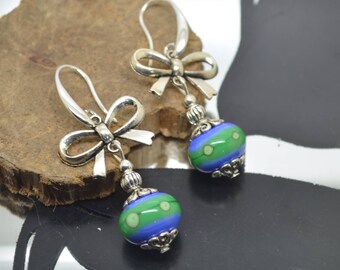 Earrings 925 Silver hooks blue green Lampwork Glass Beads