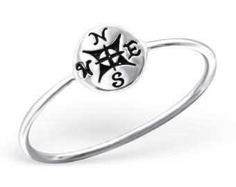 Simple compass ring with oxidized pattern, thin band, sterling silver