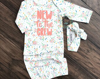 Baby girl gown pink floral New to the Crew gown baby gown coming home outfit - pink gown going home set brand new, baby shower gift