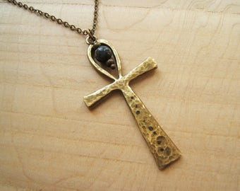 Hammered bronze Ankh necklace with Lapis Lazuli. key of life. Ancient Egyptian jewellery.