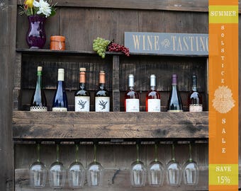 Save 15%!! Distessed Pallet Wine Rack, Reclaimed Wood Wine Rack, 8 Wine Bottle & 8 Wine Glass slots - Dark Walnut Finish was 99 dollars