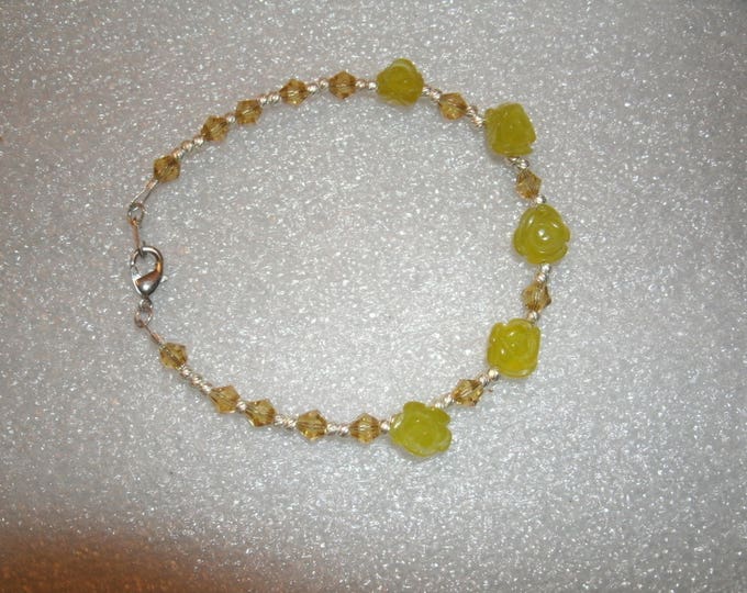 Yellow Jade Carved Roses and Crystal Bracelet; Lemon Jade Roses with Swarovski Crystal , OOAK, beautiful gift, made for a small wrist