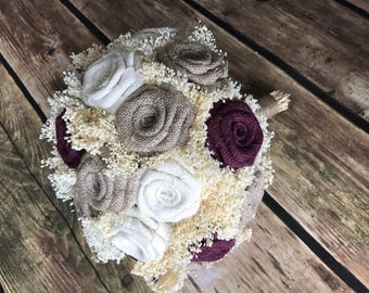 Wine, Ivory, and Natural Large Bridal Bouquet, Burlap Bridal Bouquet, Wedding Bouquets, Burlap Bouquets, Rustic Bouquets, Burlap Weddings