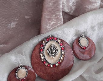 romantic old silver pendant Pink pomegranate creation set