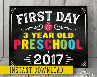 First Day of Preschool Sign - First Day of 3 year old Preschool Chalkboard - First Day of School Chalkboard Sign - School Printable
