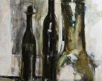 European modernist art oil painting still life with bottles