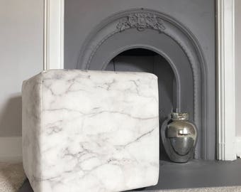 Marble Home Decor- Footstool- Pouf Ottoman- Upholstered Cube- Marble Cube- Ottoman- White Marble- Grey White- Velvet Footstool- Foot Stool