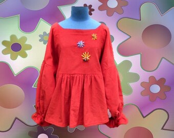 Blouse / large hand embroidered red velvet, boho/hippie tunic