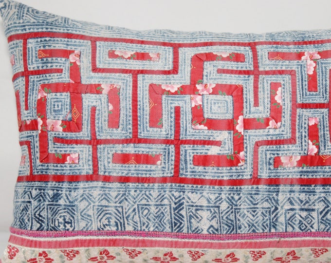 12"x20" Vintage Indigo Hmong Hemp Pillow Cover / Exotic Textile Boho Hand Made Pillow Case / Ethnic Costume Textile Pillow