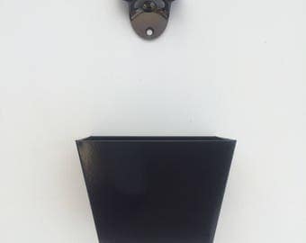 Wall mounted black bottle opener with cap collection tray