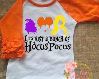 just a bunch of hocus pocus- sanderson sisters- baby girl- girls ruffle raglan- Halloween raglan- hocus pocus shirt