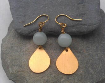 Gold teardrop earrings, Amazonite earrings, brass teardrop earrings, gold gemstone earrings, raw brass earrings, gold boho earrings
