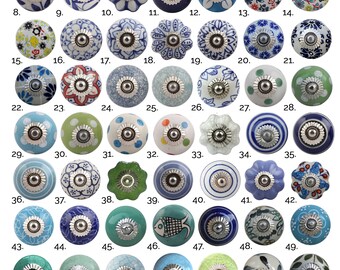 Ornamental Ceramic Door Knobs, Various Blue & Turquoise Designs, Kitchen Cabinet, Cupboard or Drawer Pulls