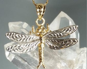 ON SALE 14K Solid Yellow and White Gold Dragonfly Pendant Retro Vintage
