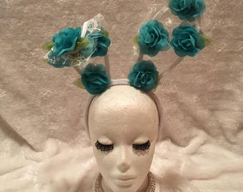 White Lace Bunny Ears with Aqua Blue Teal Flowers. Burlesque Cabaret Vintage Shabby Chic Boho Costume Accessory