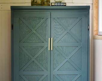 Storage Cabinet // Modern Farmhouse // Fixer Upper // Barn Doors // Blue Green // Modern Brass Pulls // Minneapolis, MN