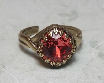 Antique Style Cocktail Ring, Victorian Style Ring, Swarovski Crystal Ring, Padparascha Ring, Rhinestone Ring, Antique Brass, Adjustable