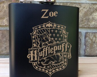 Hufflepuff House Coat of Arms - Harry Potter Theme Engraved Single Flask Personalized with First Name - SHIPS from the USA