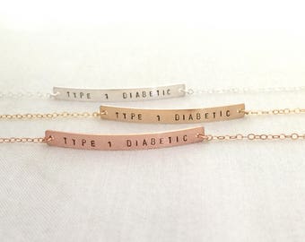 Type 1 Diabetes Bracelet, Rose Gold Medical ID Bracelet, Hand Stamped Bar Jewelry, Type 1 Diabetic, Medical Alert, Slim Bar Bracelet