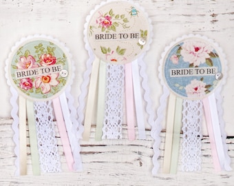 Bride To Be Rosette Badge - Pastel Colours - Lace Ribbon Vintage Shabby Chic Hen Party Badge