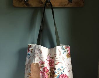 Vintage floral barkcloth fabric tote bag - cream/pink/green