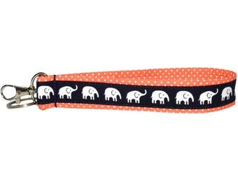 Elephant Keychain • Key Fob Wristlet • Safari • Elephant Accessories • Handbag Strap • Lanyard • Navy • Coral • Swivel Clip • 1" x 6"