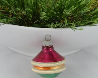 Vintage Atomic Shiny Brite Glass Christmas Ornament, Red, Orange, White And Teal Blue Striped Ornament