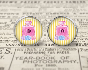 Chanel Inspired Monogram Glass Stud Earrings, Monogrammed Jewelry, Personalized Earrings, Initial Earrings, Perfume Stud Earrings