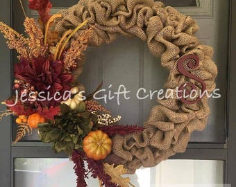 Made to Order Fall Burlap Wreath/Burlap Decor/Thanksgiving Wreath/Pumpkin Decor/Front Door Wreath/Autumn/Welcome/Monogram/Housewarming Gift