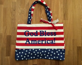 Stars and Stripes Tote/ God Bless America Tote/ Red White and Blue/ Patriotic Tote/ Patriotic Canvas Bag/ Beach Tote