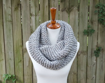 Knit Infinity Scarf, Chunky Knit Scarf, Cowl, Snood, Circle Scarf - Gray Tweed