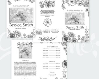 Black&White Foldable Funeral Program Template - Photoshop PSD INSTANT DOWNLOAD - Printable