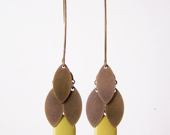 Lime green and bronze navette cluster earrings