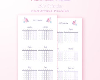 Personal 2018 Calendar Pastel Pink Flowers, personal organizer, year overview, year on two pages, planner fits filofax, calendar printable